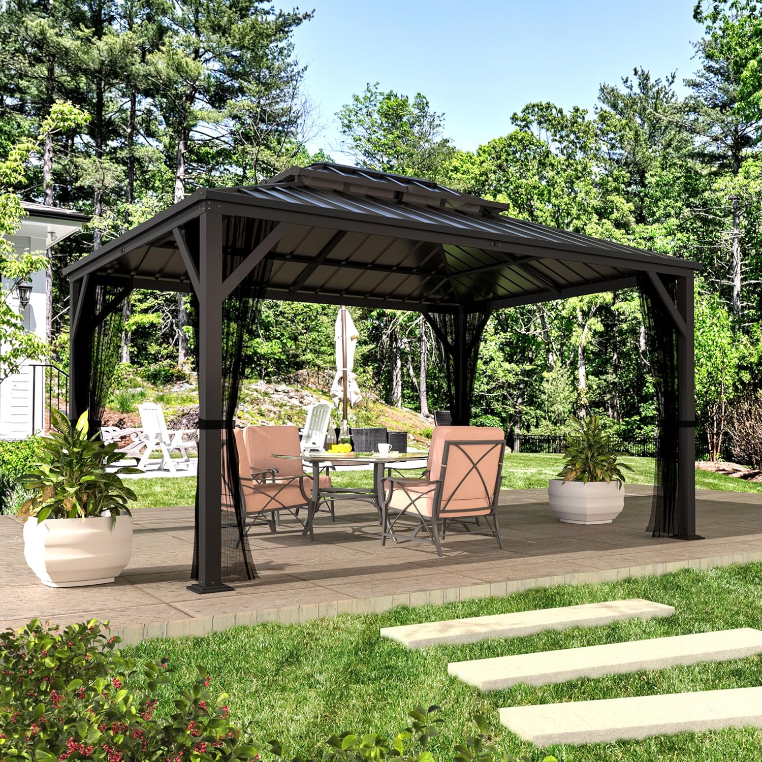 MUPATER Gazebo, 10'x12' Outdoor Gazebo, Patio Structure Shelter with Mosquito Netting, Aluminum Hardtop Pergola for Backyard, Garden, Lawn and Patio, Black