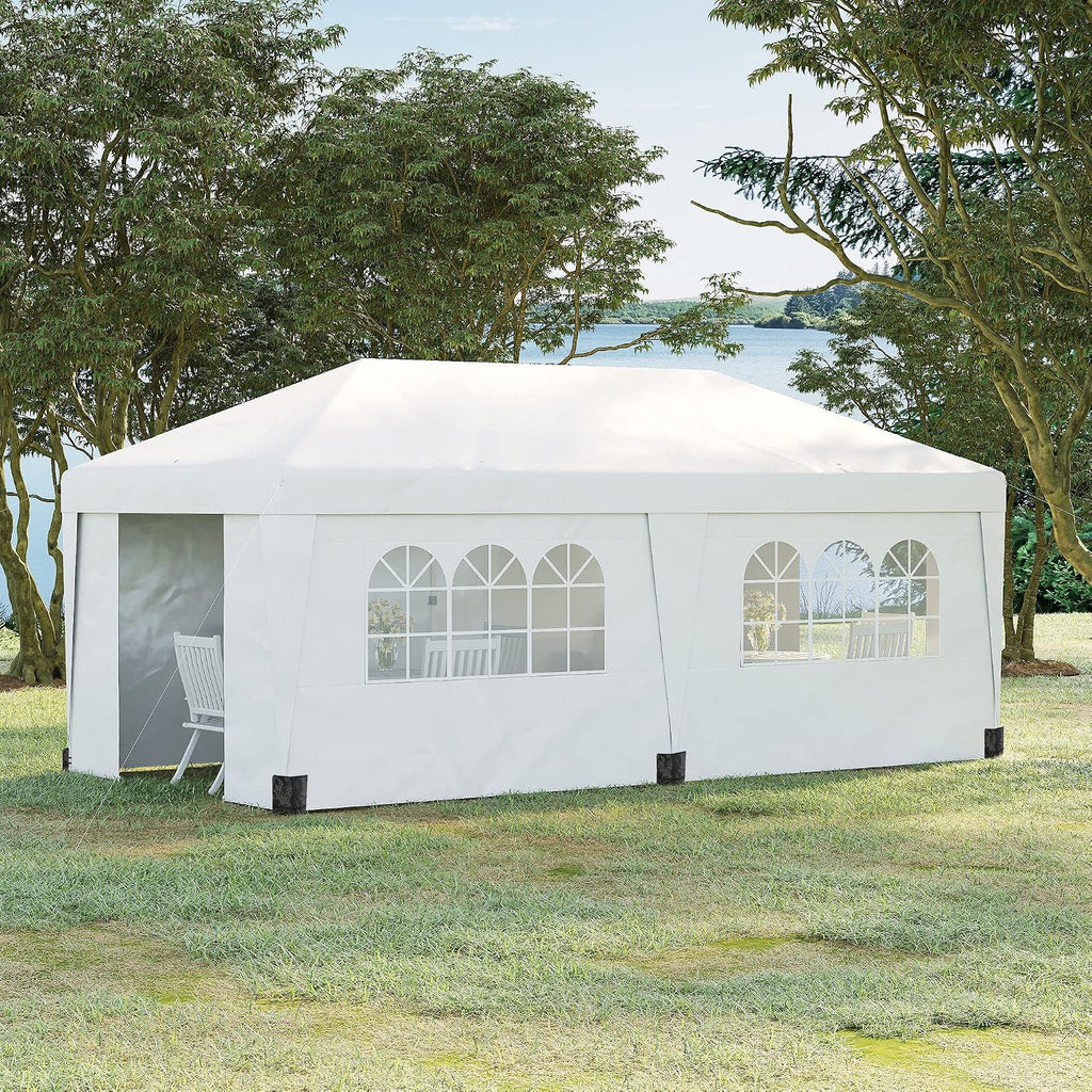 Outsunny 10' x 19.5' Pop Up Canopy with Sidewalls, UPF 30+ Height Adjustable Large Party Tent Event Shelter with Sandbags and Wheeled Carry Bag for Garden, Patio, White