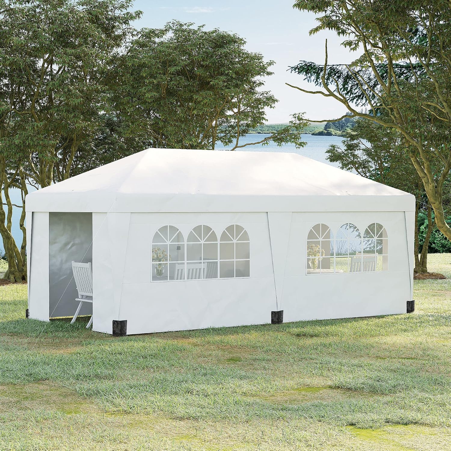 Outsunny 10' x 19.5' Pop Up Canopy with Sidewalls, UPF 30+ Height Adjustable Large Party Tent Event Shelter with Sandbags and Wheeled Carry Bag for Garden, Patio, White