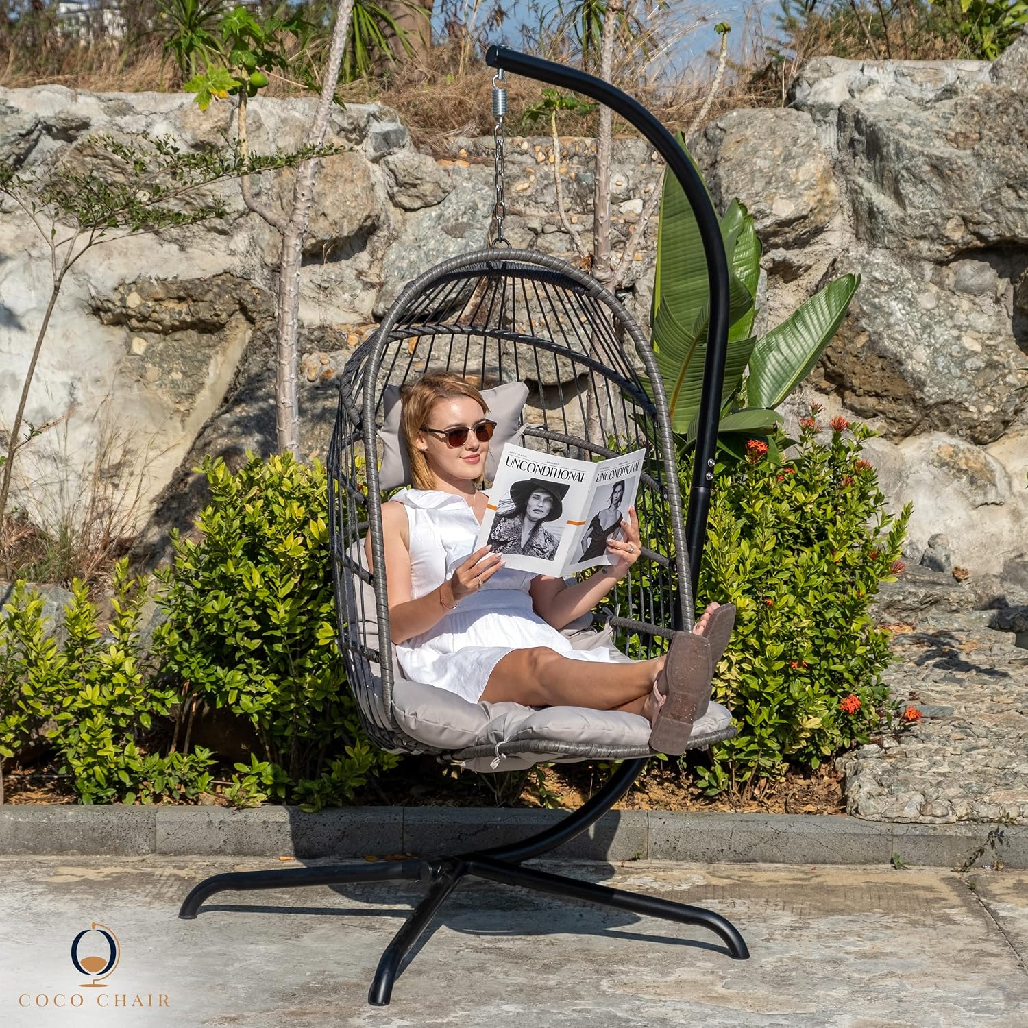 Hanging Egg Chair with Stand & Leg Rest | Modern, Boho-Chic Outdoor & Indoor Swing Chair | Grey