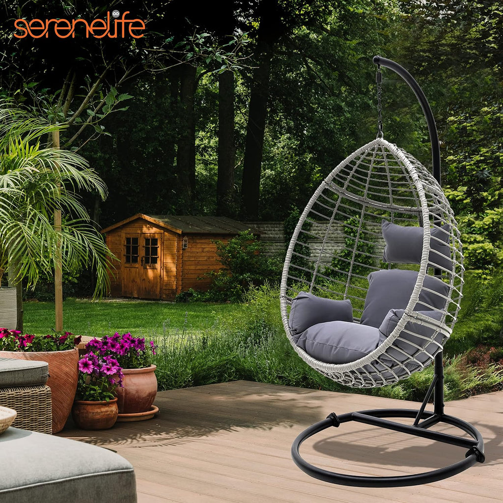 SereneLife Hanging Egg Chair for Outdoor & Indoor Use – Wicker Rattan Swing Chair with Cushions, Powder-Coated Steel Frame, Washable UV-Resistant Cover, Gray, Modern Patio Hammock Seat