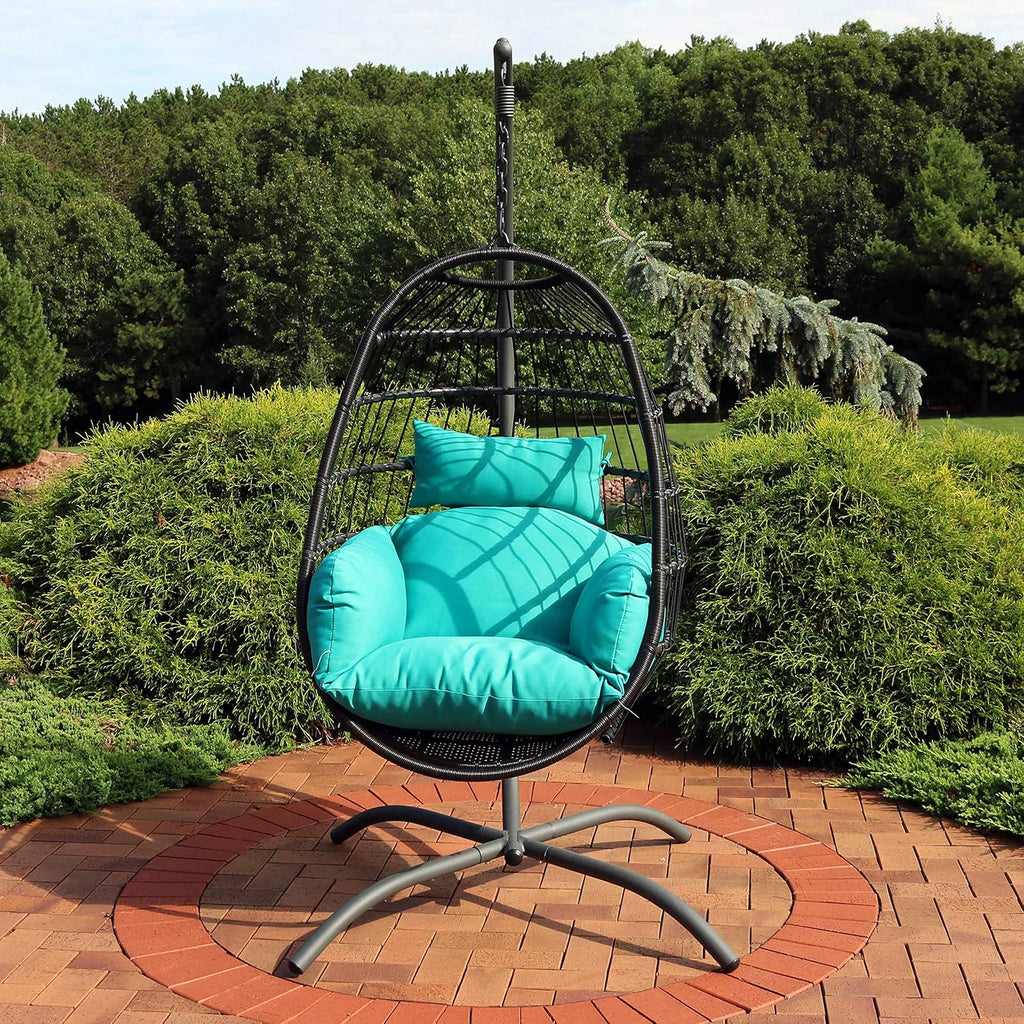 Sunnydaze Penelope Hanging Egg Chair with Turquoise Seat Cushions and Steel Stand - Black Wicker Chair - 78-Inch
