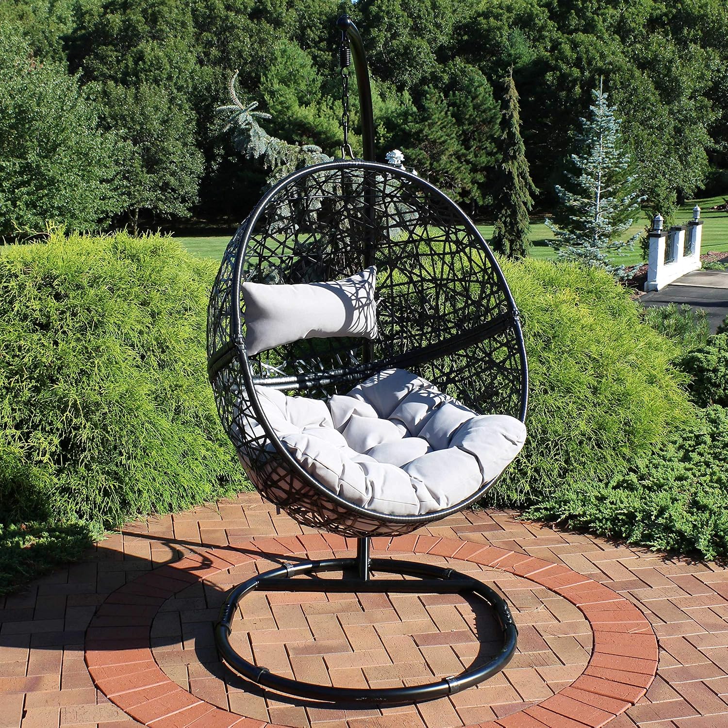 Sunnydaze Jackson Resin Wicker Hanging Egg Chair with Steel Stand - 265-Pound Weight Capacity - Includes Gray Cushions