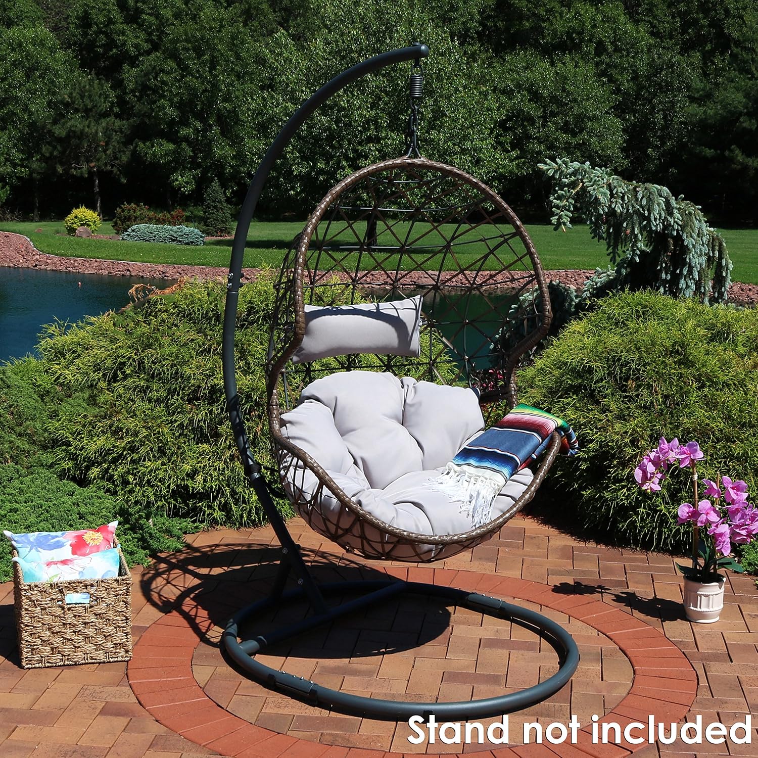 Sunnydaze Danielle Hanging Egg Chair - Resin Wicker Basket Design - Outdoor Use - Includes Gray Cushion
