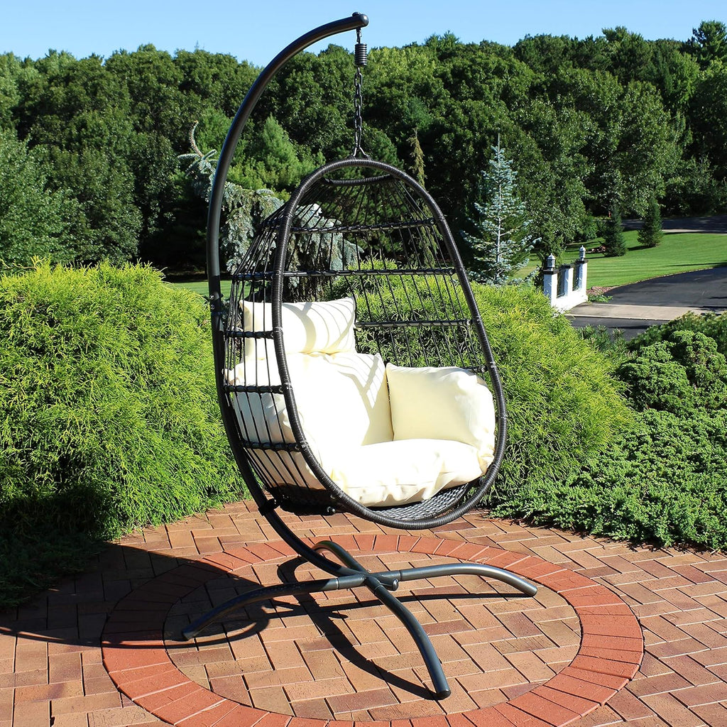 Sunnydaze Penelope Hanging Egg Chair with Cream Seat Cushions and Steel Stand - Black Wicker Chair - 78-Inch