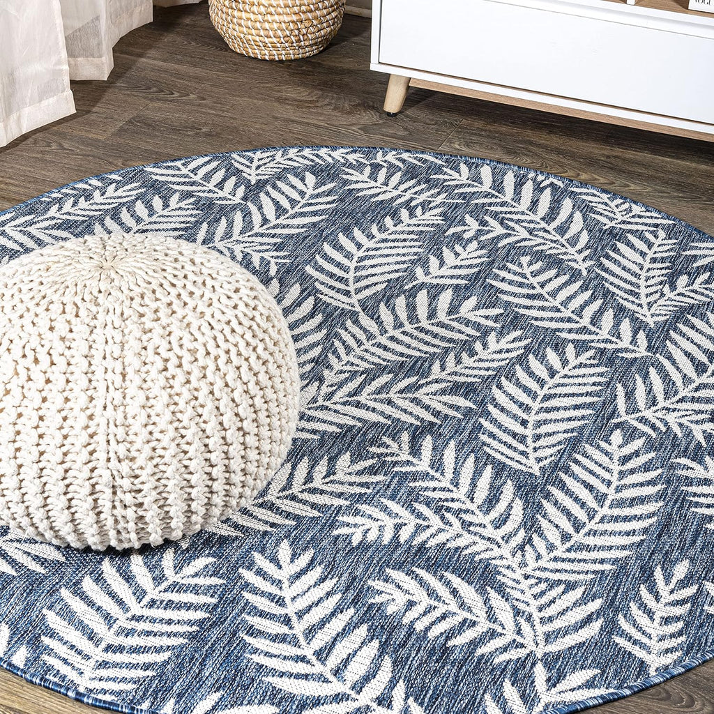 JONATHAN Y Palm Frond Indoor Outdoor Round Area Rug 4 Ft Navy/Ivory, Nevis for Backyard, Patio, Porch, Easy-Cleaning, High Traffic, Pet-Friendly, Non-Shedding (SMB119B-4R)