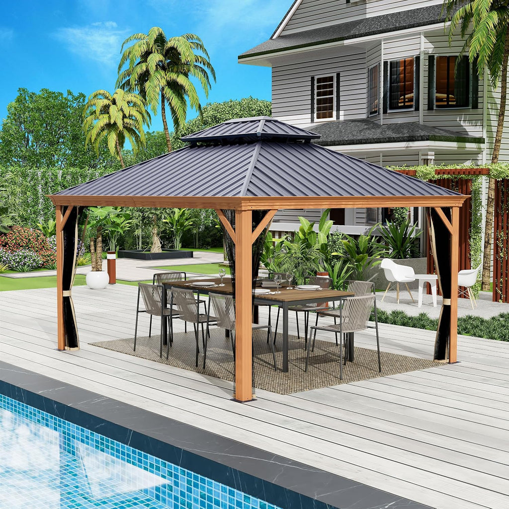Kozyard Apollo 12'x14' Hardtop Gazebo, Wooden Coated Aluminum Frame Canopy with Galvanized Steel Double Roof, Outdoor Permanent Metal Pavilion with Netting for Patio, Deck and Lawn (12ft x 14ft)