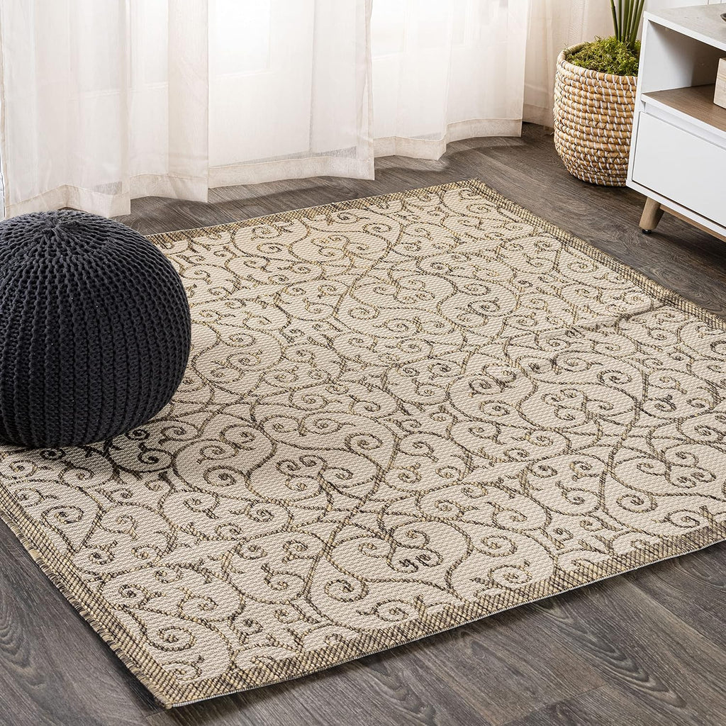 JONATHAN Y Vintage Filigree Indoor Outdoor Square Area Rug 5X5 Beige/Brown, Madrid Textured Weave for Backyard, Patio, Porch, Easy-Cleaning, High Traffic, Pet-Friendly, Non-Shedding (SMB107B-5SQ)