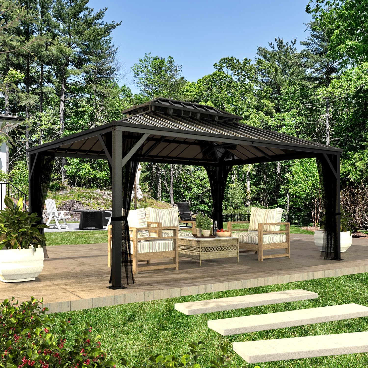 MUPATER 10' X 14' Outdoor Hardtop Gazebo, Permanent Metal Gazebo with Galvanized Steel Double Roof, Patio Pavilion with Netting for Garden, Lawn and Backyard Party, Black