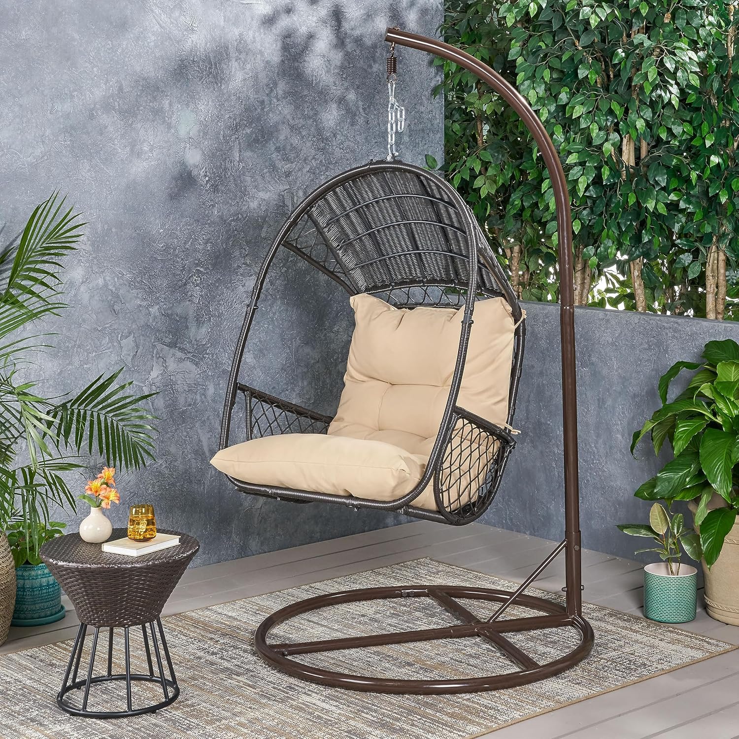GDF Studio Outdoor Wicker Hanging Chair with Stand,Egg Swing Hammock Chair, Indoor Outdoor Wicker Egg Chair with Cushion for Patio Bedroom Porch Garden,400Lbs Capacity,Brown and Tan