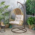 GDFStudio Outdoor Wicker Hanging Chair with Stand,Egg Swing Hammock Chair, Indoor Outdoor Wicker Egg Chair with Cushion for Patio Bedroom Porch Garden,400Lbs Capacity,Light Brown, Brown, and Beige