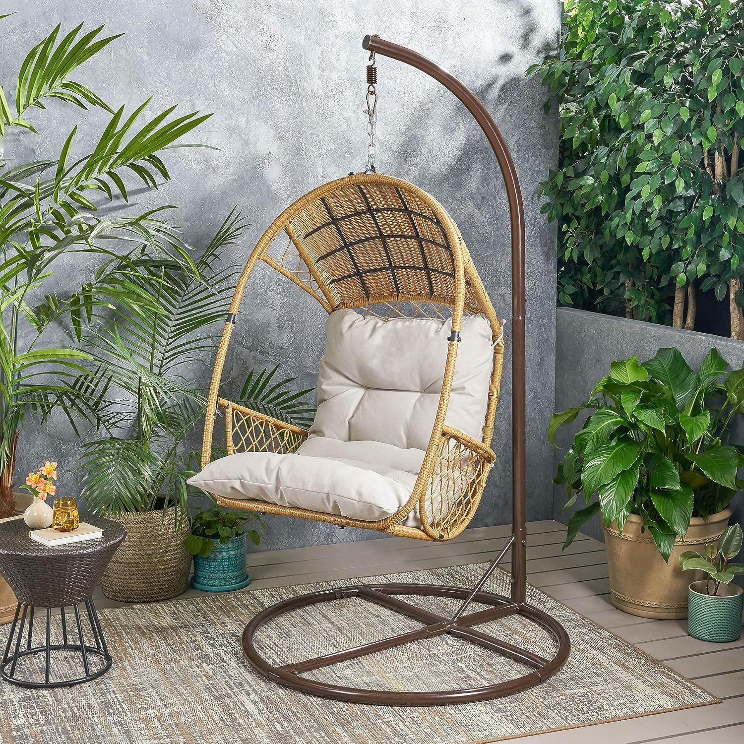 Christopher Knight Home Amanda Wicker Hanging Chair with Stand, Light Brown, Brown, Beige